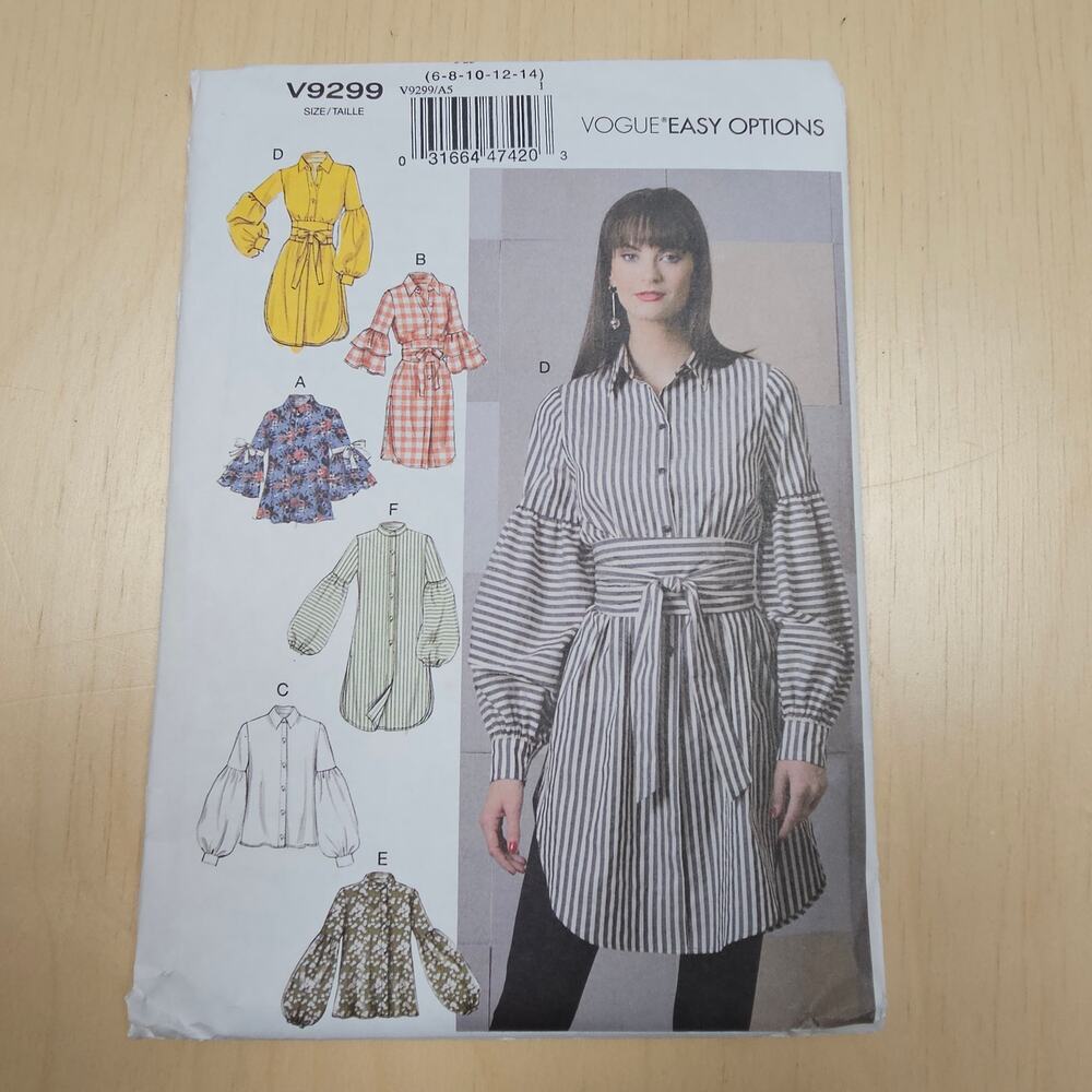 Vogue Easy Options V8299 Size 6-14 Full Longsleeve blouse Uncut Factory Folded